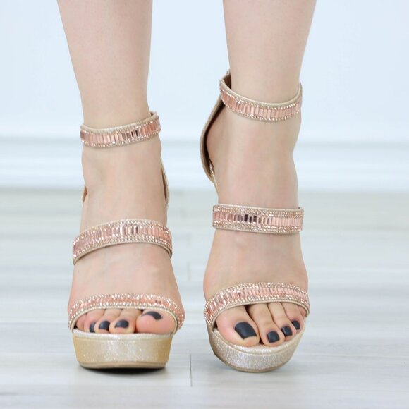 Sparkly Rhinestone Glitter Champagne Platform High Heels Ankle Bracelet Open Toe - Picture 9 of 13